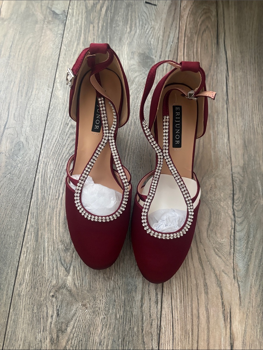 Ertjunor Burgundy Rhinestone-Strap Heels
